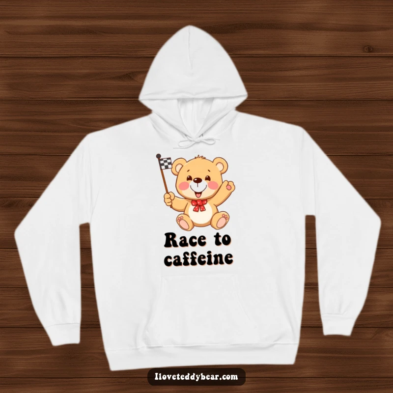 Funny Teddy Bear Racing Flag Hoodie: A determined teddy bear waves a checkered flag, symbolizing achievement and comfort.