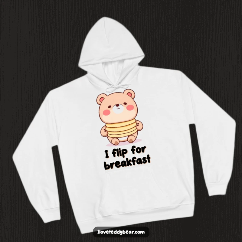 Funny pancake bear hoodie, round bear with rosy cheeks balancing pancakes, cozy cartoon art, breakfast enjoyment.