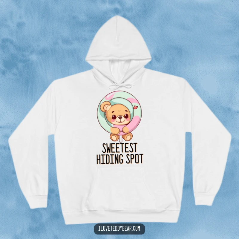 Funny Teddy Bear Hoodie with a bear peeking from behind a giant lollipop, offering warmth and sweet, playful charm.