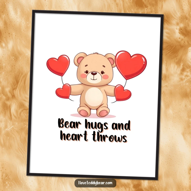 Funny Free Printable Wall Art: A teddy bear comically juggles three enormous red hearts, adding playful energy to any space.
