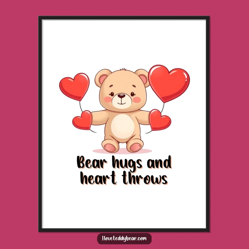 Funny Free Printable Teddy Bear Juggling Hearts Wall Art - Cute Downloadable Art for Home