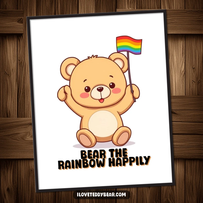 Funny Free Printable Wall Art: A cuddly teddy bear enthusiastically waving a small, vibrant rainbow flag.