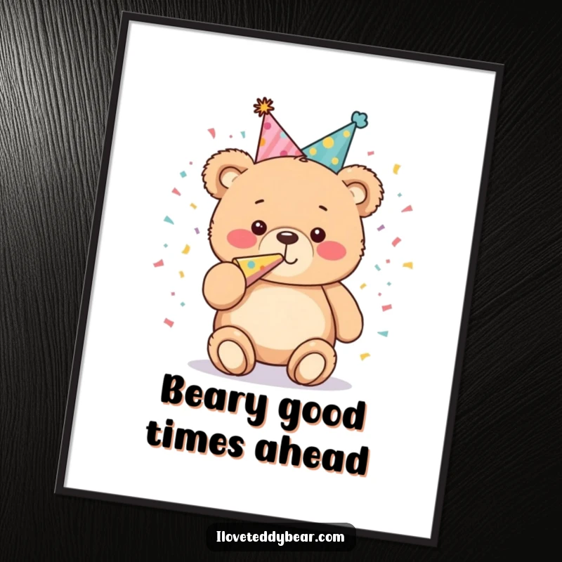 Funny Free Printable Wall Art: Plump teddy bear wearing a party hat blows a confetti horn.