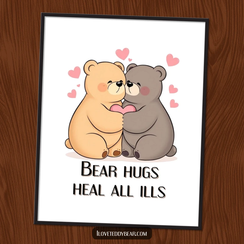 Funny Free Printable Wall Art: Two bears hugging closely, with hearts symbolizing love.
