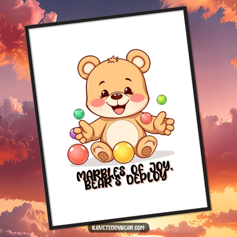 Funny Free Printable Wall Art: A playful teddy bear with a mischievous grin expertly juggling five vibrant marbles.