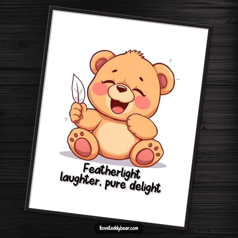 Funny Free Printable Wall Art: A fluffy teddy bear captured mid-giggle, tickled by a soft feather, radiating joy.