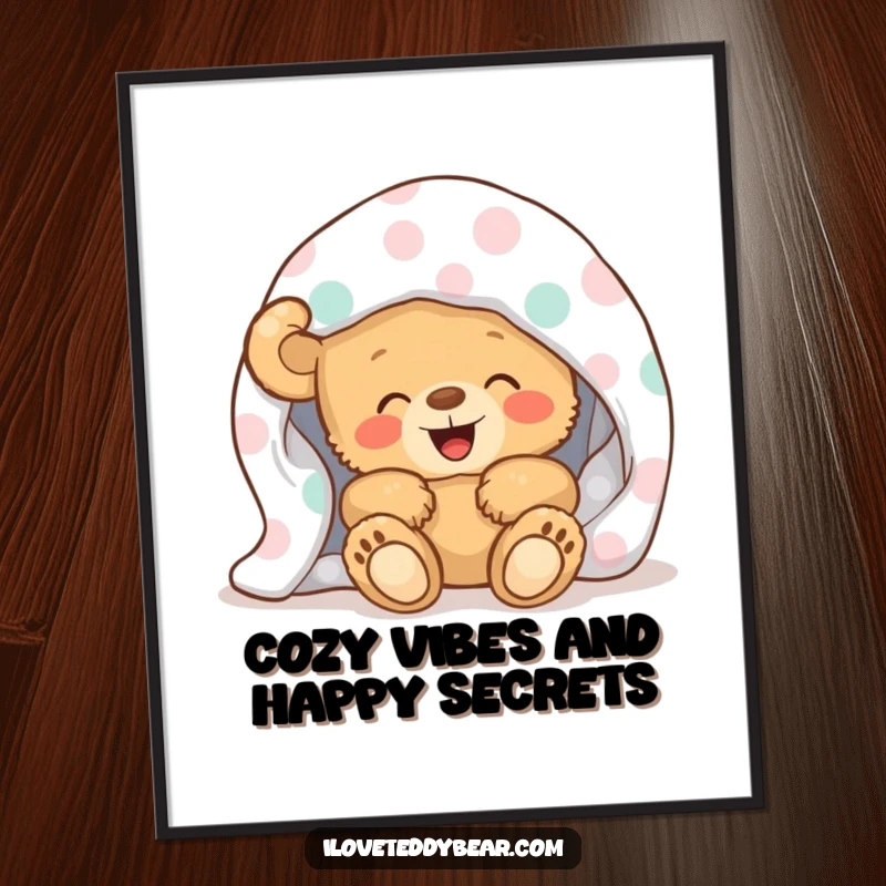 Funny Free Printable Wall Art: A teddy bear with a joyful giggle hides cozily under a fun polka-dot blanket, creating a sweet scene.