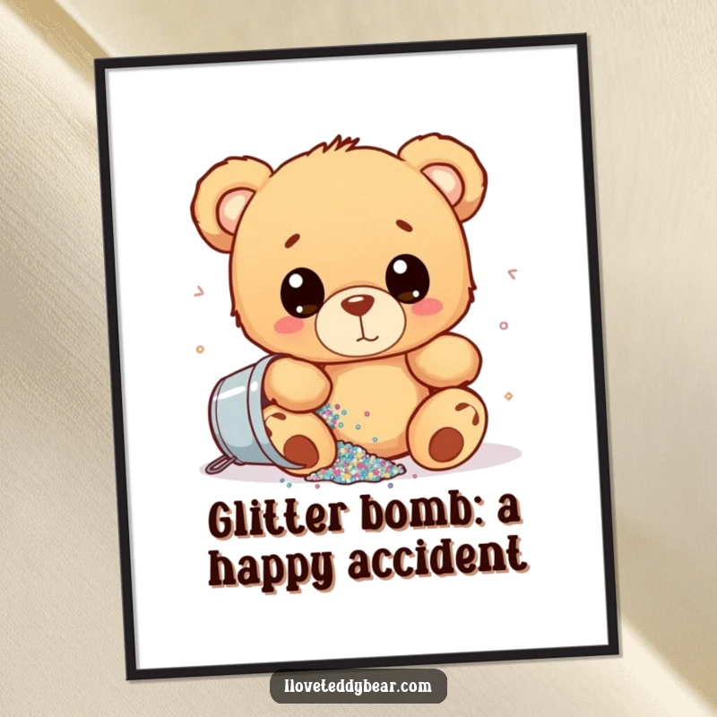 Funny Free Printable Wall Art: Teddy bear with wide, surprised eyes, accidentally spilling a huge bucket of colorful glitter.