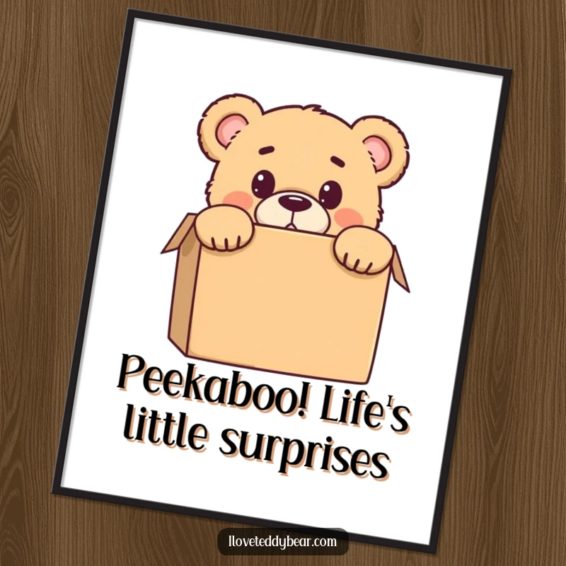 Funny Free Printable Wall Art: Teddy bear peeking over a box, a surprised expression, perfect for quirky home decor.