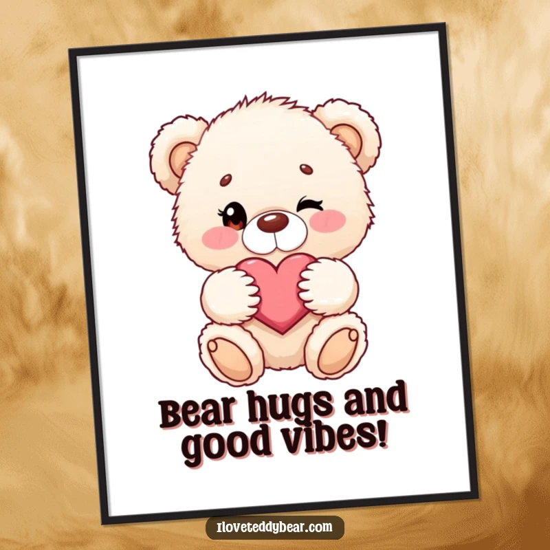 Funny Free Printable Wall Art: A fluffy teddy bear winks while holding a cute, inviting heart.