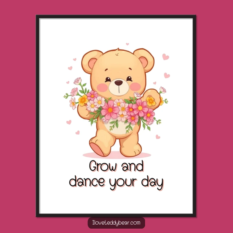Funny Free Printable Teddy Bear Flower Dance Wall Art - Playful Downloadable Decor