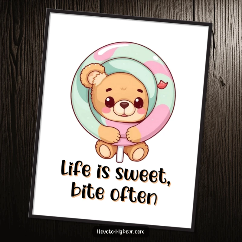 Funny Free Printable Wall Art: A cute teddy bear peeks with a mischievous grin from behind a massive, colorful lollipop.
