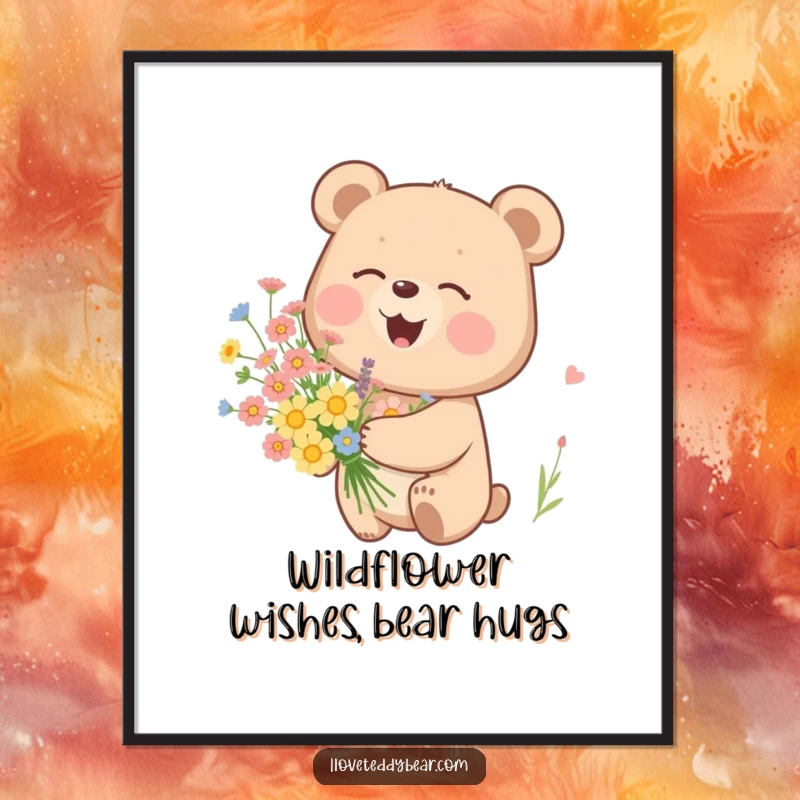 Funny Free Printable Wall Art: A bear with a wide, happy giggle holds a beautiful bouquet of colorful wildflowers.