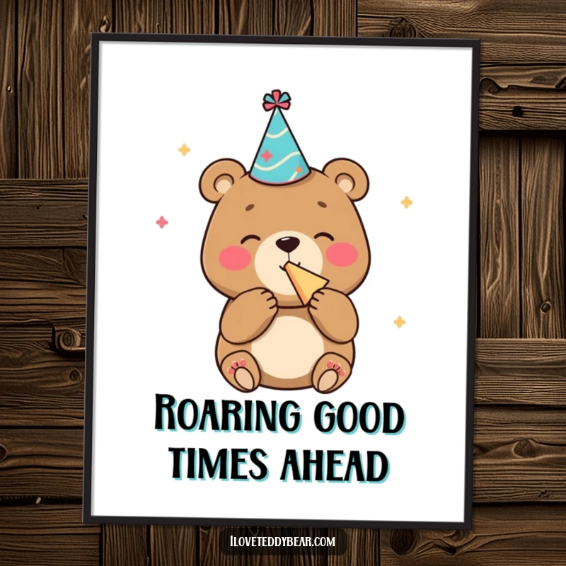 Funny Free Printable Wall Art: A bear with a tiny party hat blows a noisemaker with immense glee.