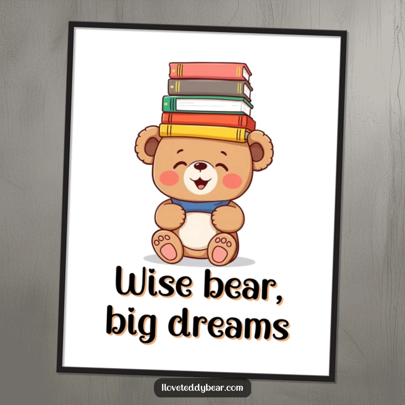 Funny Free Printable Wall Art: Giggling teddy bear expertly balances a huge pile of books.