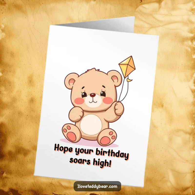 Funny Free Printable Birthday Card: A teddy bear with a determined expression struggling to fly a kite, showing effort and resilience.