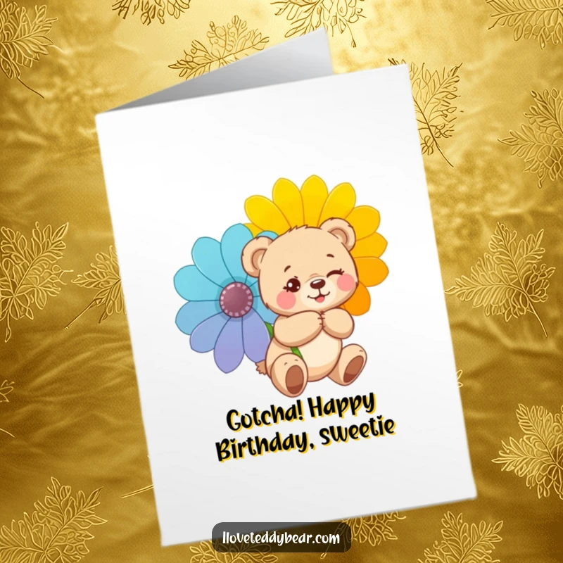 Funny Free Printable Birthday Card: Teddy bear winking mischievously, hiding a giant flower behind its back with a secret smile.