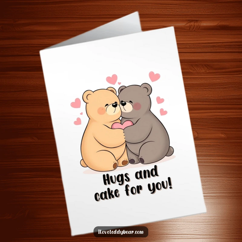 Funny Free Printable Birthday Card: Two cute bears hugging tightly with hearts floating around them.
