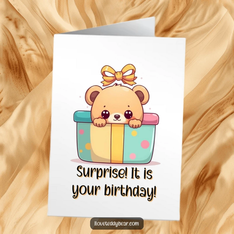 Funny Free Printable Birthday Card: Bear's eyes wide peeking from behind a huge colorful present.