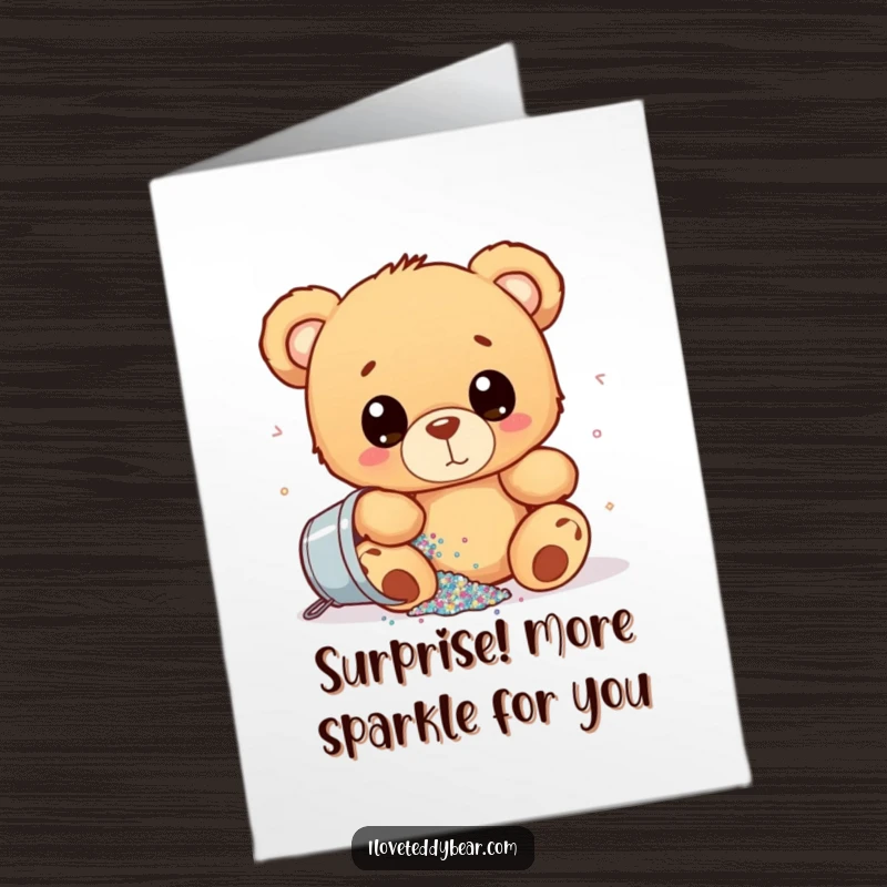 Funny Free Printable Birthday Card: Teddy bear with wide eyes, accidentally spilling a bucket of glitter, creating a sparkly mess.