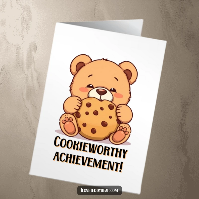 Funny Free Printable Congratulations Card: A teddy bear sports a comical face while attempting to sneakily eat a massive cookie.