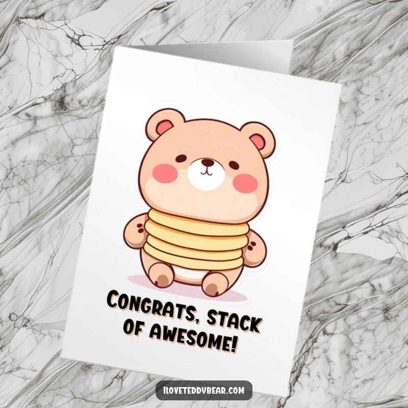 Funny Free Printable Congratulations Card: A round bear with rosy cheeks expertly balancing a huge stack of pancakes, celebrating your win.