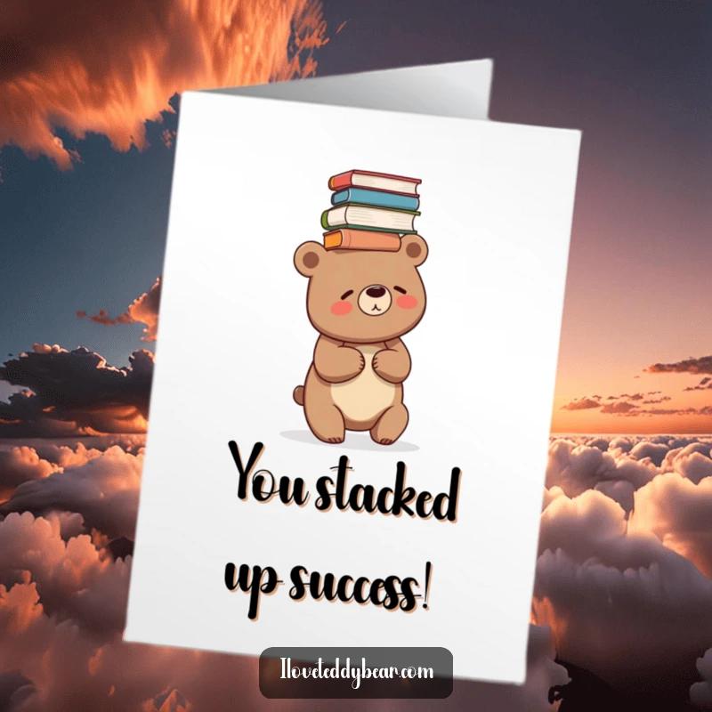 Funny Free Printable Congrats Card: Bear giggling precariously balances books on its head.