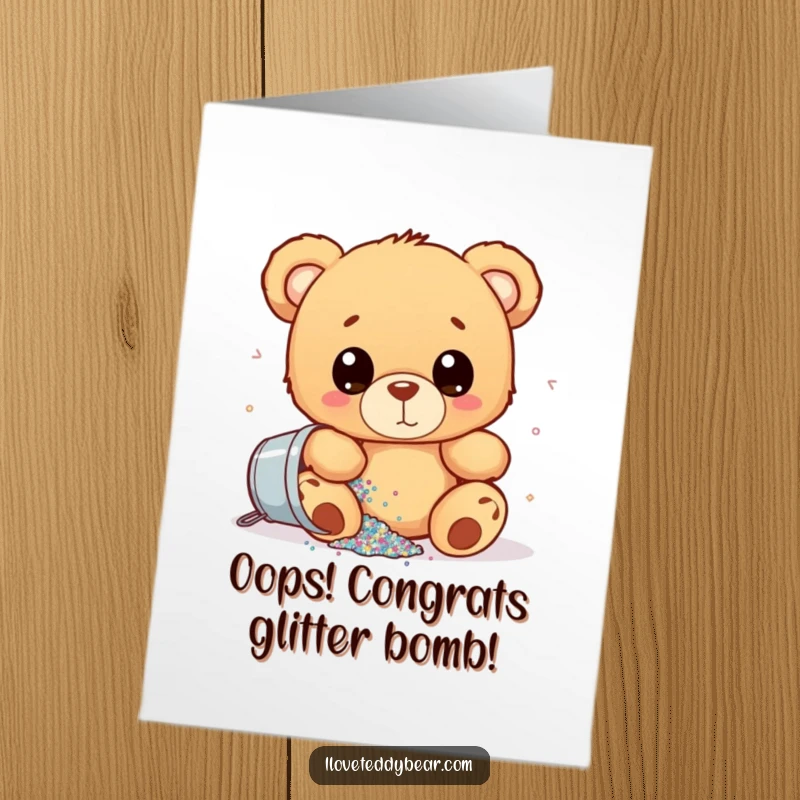 Funny Free Printable Congrats Card: Teddy bear looking surprised while accidentally spilling a bucket of glitter, celebrating success.