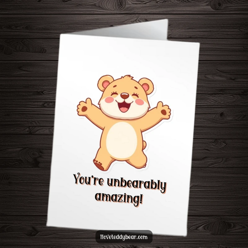 Funny Free Printable Congratulations Card: a fuzzy bear cub jumping high with arms outstretched, embodying pure excitement and achievement.