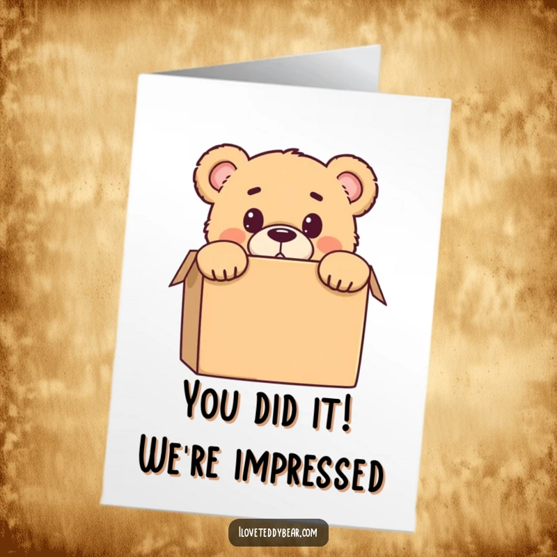 Funny Free Printable Congrats Card: Teddy bear peeking from box, wide-eyed surprise, perfect for any achievement.