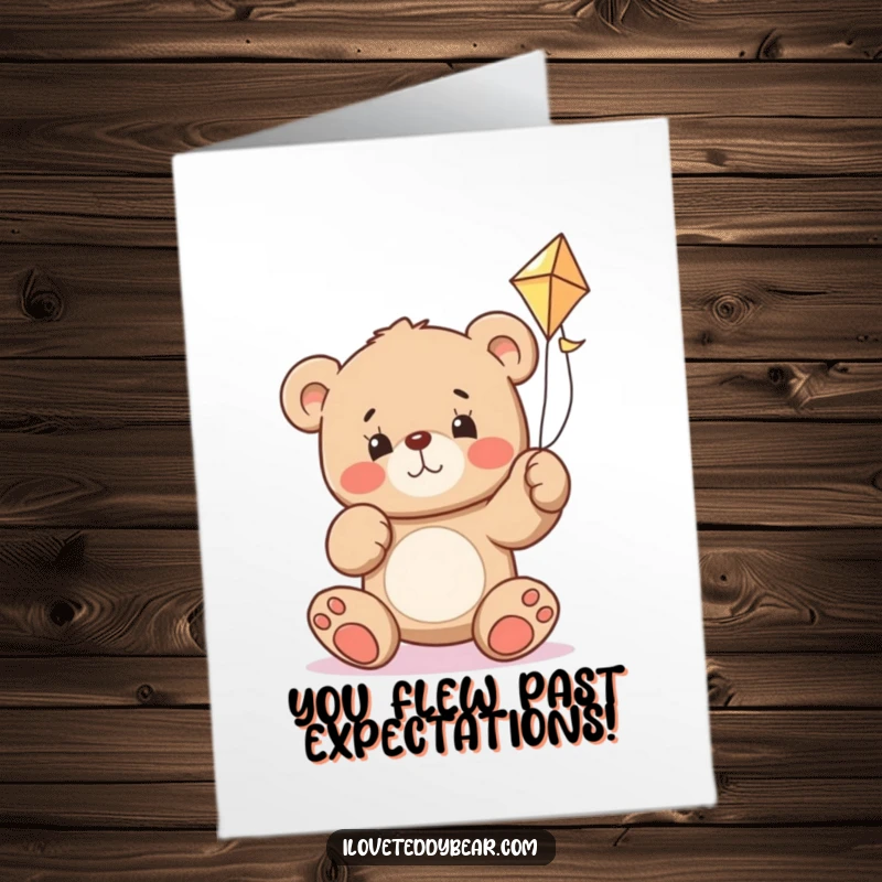 Funny Free Printable Congratulations Card: A teddy bear with a determined expression struggling to fly a kite, symbolizing perseverance.