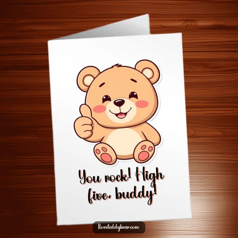 Funny Free Printable Congrats Card: A teddy bear with a huge toothy smile giving a thumbs up, celebrating achievement.