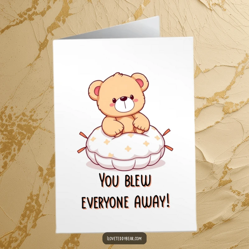 Funny Free Printable Congratulations Card: A teddy bear accidentally sitting on a whoopee cushion, a classic gag for a surprised reaction.