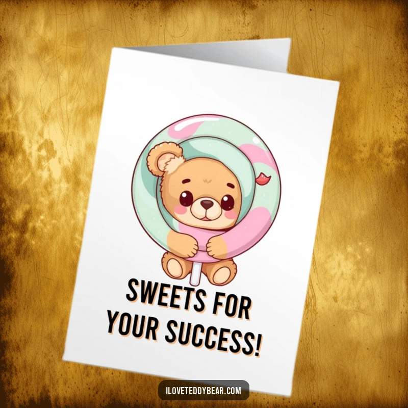 Funny Free Printable Congratulations Card: A teddy bear peeks mischievously from behind an oversized lollipop, celebrating good news.