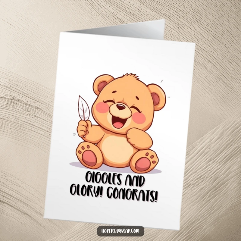 Funny Free Printable Congratulations Card: A teddy bear giggles uncontrollably, tickled by a feather, celebrating good news.