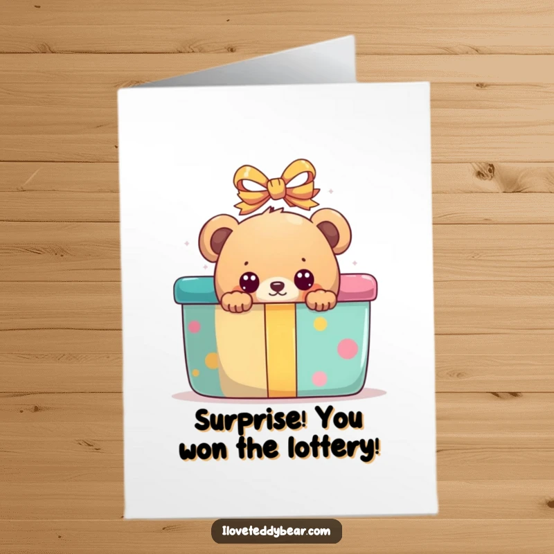 Funny Free Printable Congrats Card: Bear peeking with wide eyes from behind a massive gift.