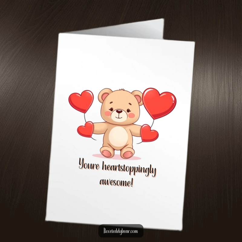 Funny Free Printable Congratulations Card: Teddy bear enthusiastically juggles three large red hearts, celebrating any achievement with glee.