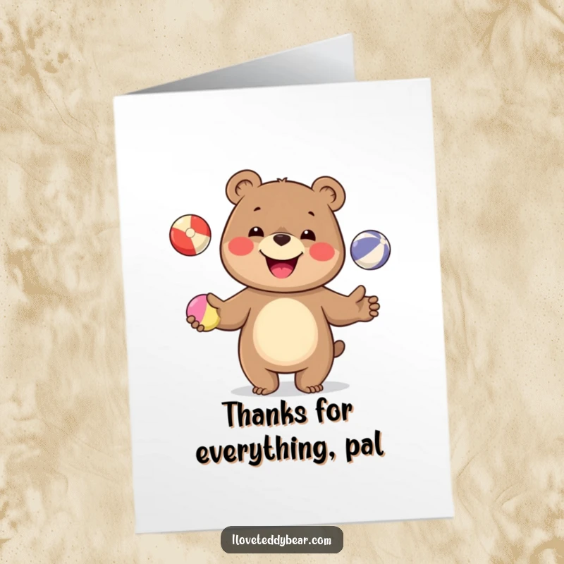 Funny Free Printable Thank You Card: A beaming bear expertly juggles three colorful balls, sending thanks with a flourish.