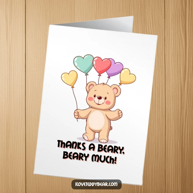 Funny Free Printable Thank You Card: Teddy bear joyfully juggles heart balloons, expressing sincere gratitude with a whimsical touch.