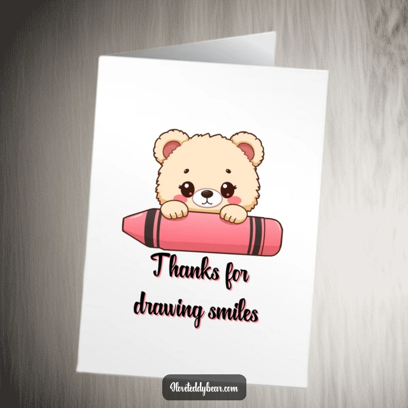 Funny Free Printable Thank You Card: Fluffy bear peeking from behind a huge crayon, offering artistic thanks with wide, grateful eyes.
