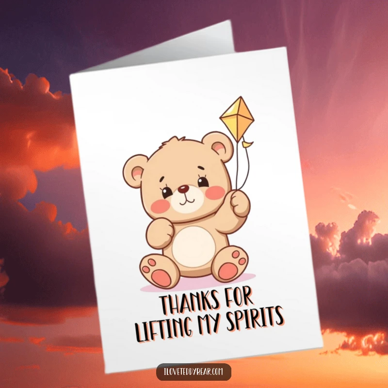 Funny Free Printable Thank You Card: A teddy bear with a determined expression struggling to fly a kite, a humorous symbol of effort.