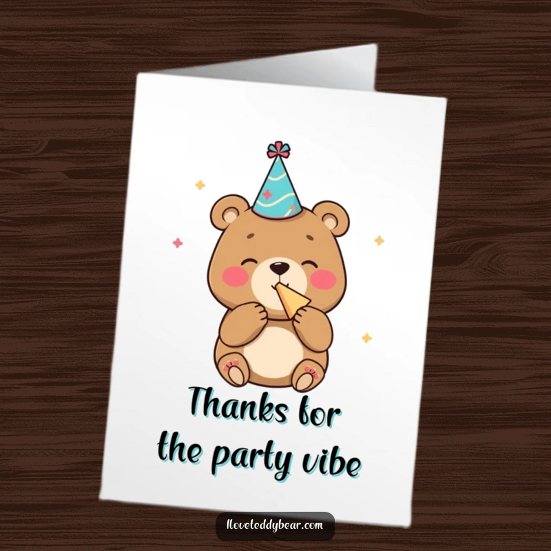 Funny Free Printable Thank You Card: A bear wearing a party hat cheerfully blows a noisemaker.