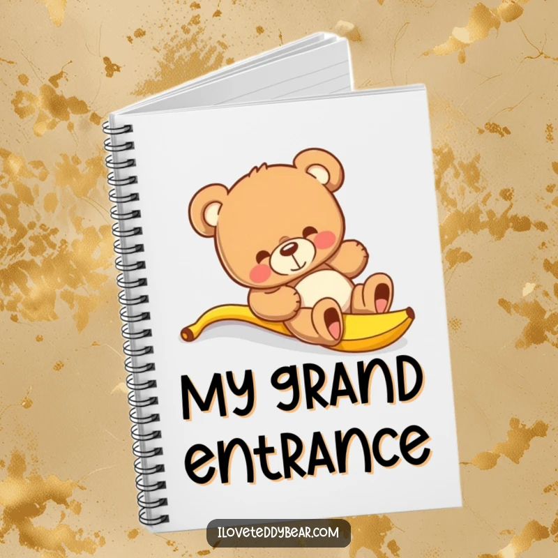 Funny teddy bear notebook with a bear comically slipping on a banana peel, inspiring humorous thoughts and notes.