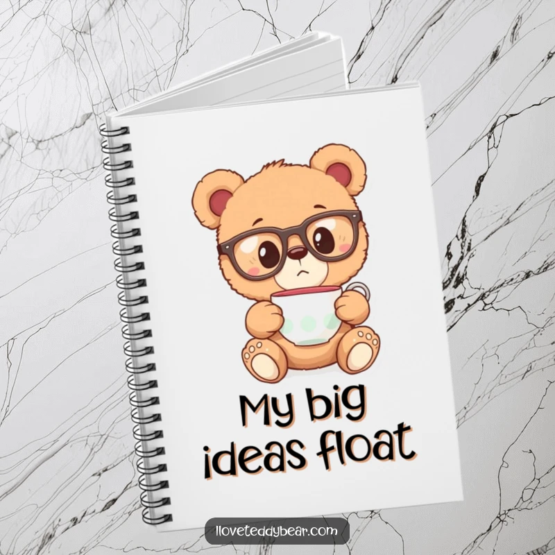 Funny notebook featuring a teddy bear in large glasses, surprised by a floating teacup, perfect for jotting down ideas.