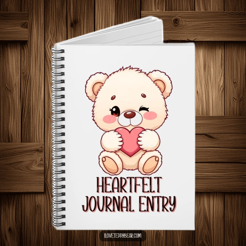 Funny notebook featuring a fluffy teddy bear winking and holding a heart, for notes and inspiration.
