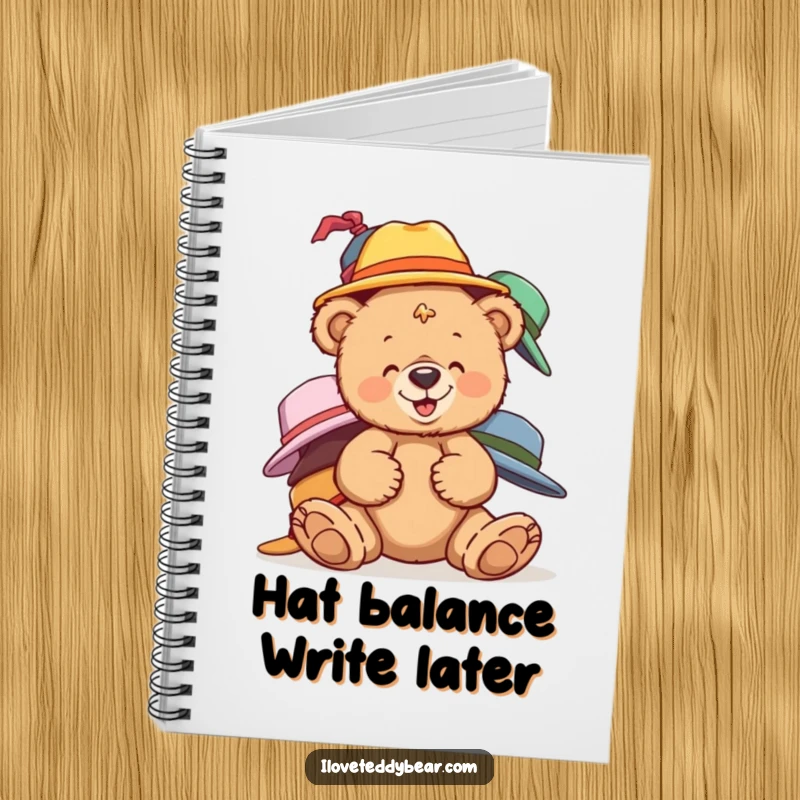 Funny teddy bear notebook with a bear giggling while balancing mismatched hats, perfect for jotting down fun ideas.