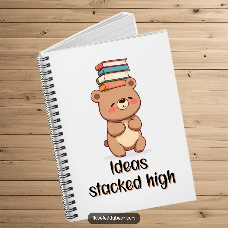 Funny notebook cover with a bear giggling while balancing a stack of books on its head, ideal for notes.