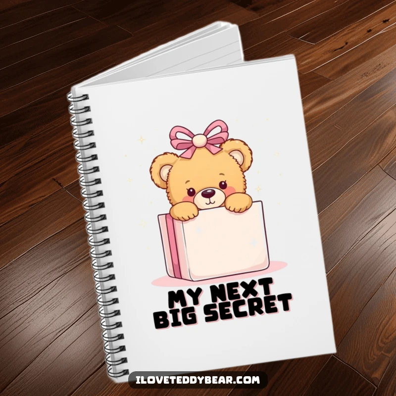 Funny notebook featuring a teddy bear peeking from behind a huge, sparkly gift, perfect for jotting down notes with a smile.