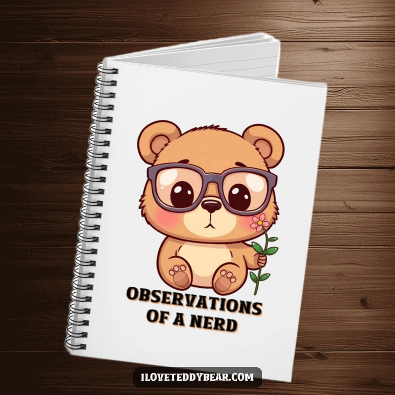 Funny notebook cover with a bear wearing oversized glasses, looking surprised at a tiny flower, ideal for note-taking.