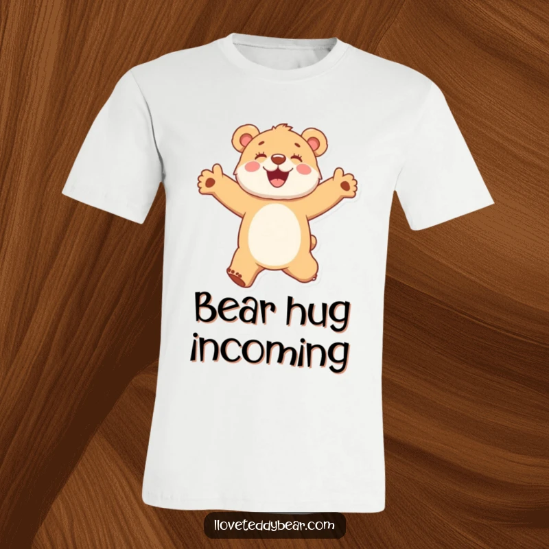 Funny t-shirt featuring a fuzzy bear cub excitedly jumping with arms spread wide, embodying pure, uncontainable joy.